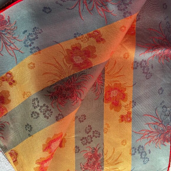 Red Gold Blue Chinese Satin Floral Brocade Fabric 44 x 359 Over 8 Yards - Picture 6 of 9